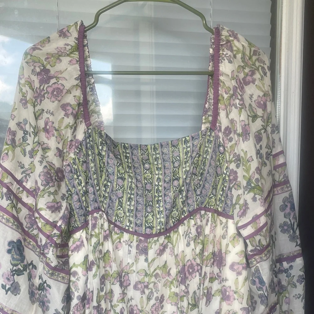 Floral Boho Peasant Dress in Lavender & Green